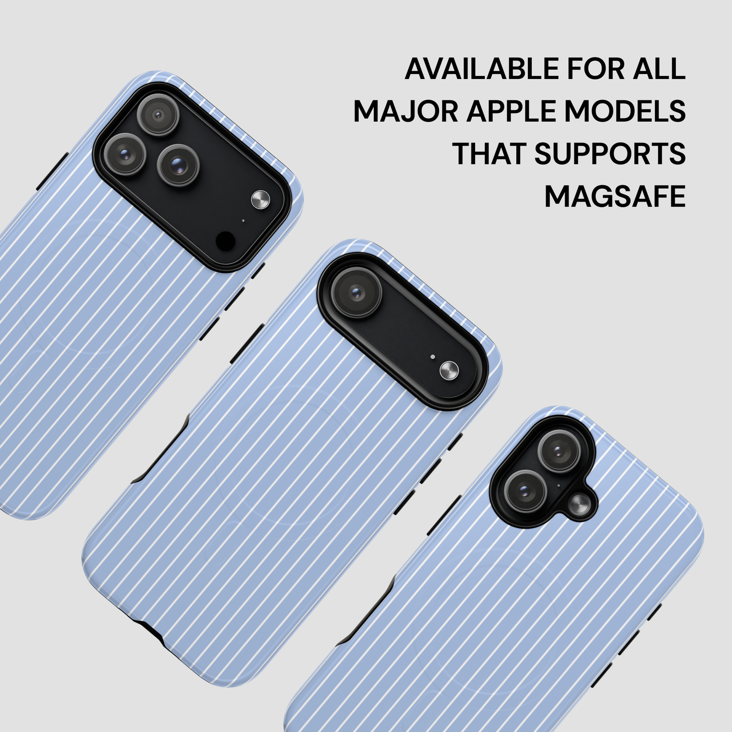 Three phone cases with a blue and white striped pattern on a light gray background, featuring text about compatibility with Apple models supporting MagSafe.