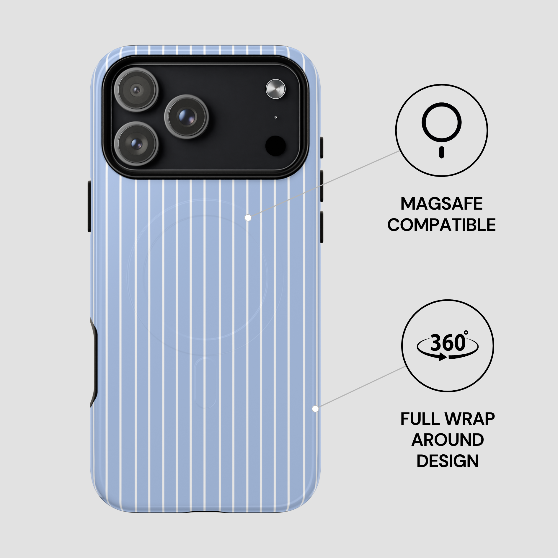 Blue striped phone case with Magsafe compatibility and 360-degree design features on a light gray background.