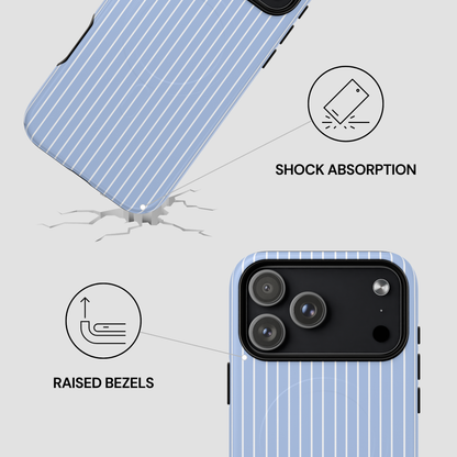 Phone case with shock absorption and raised bezels features on a light gray background