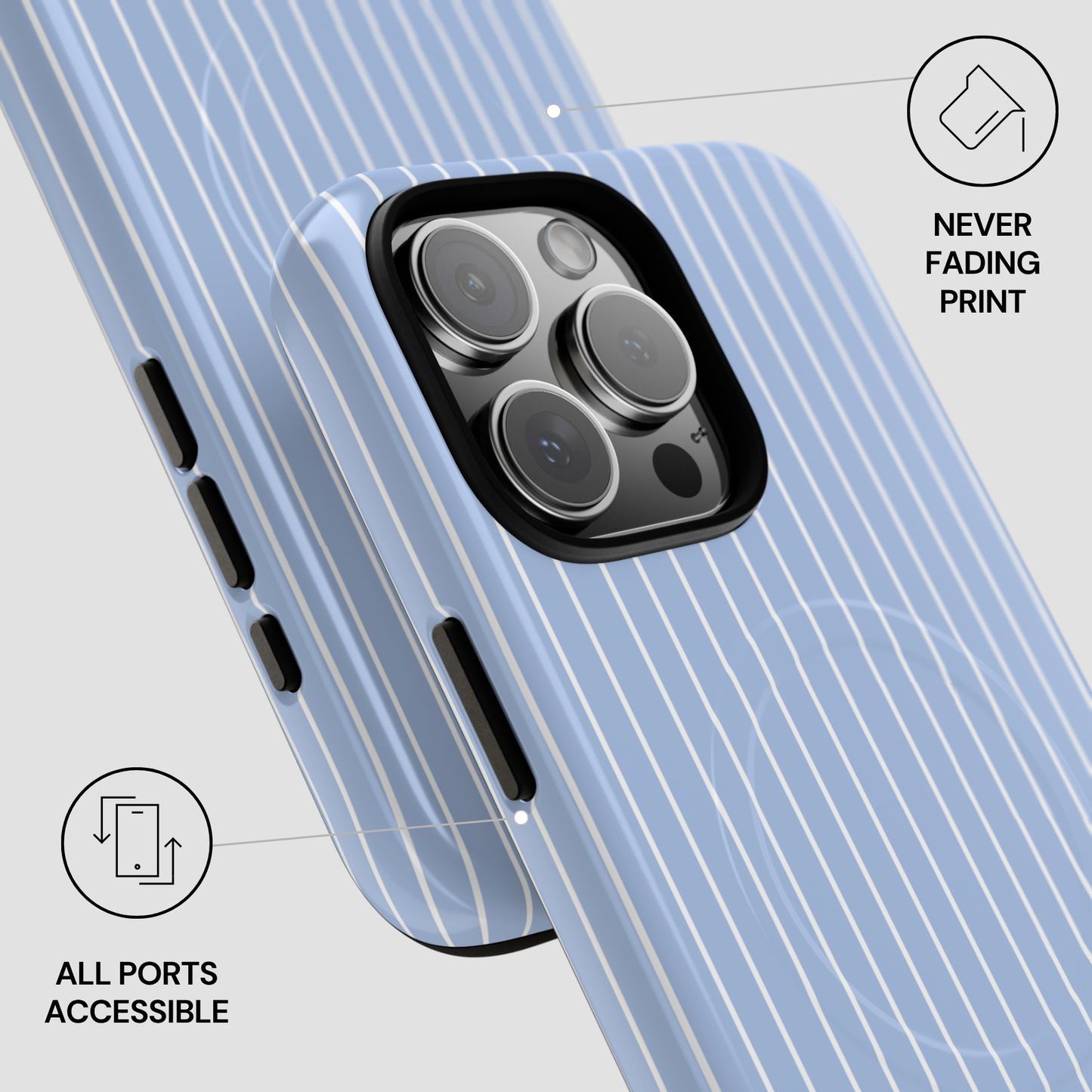 Phone case with blue striped design and camera cutout on a light gray background