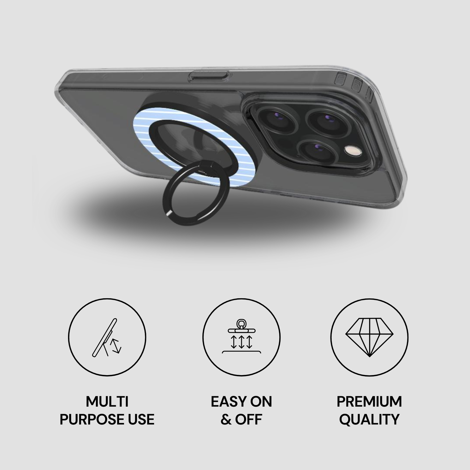 Phone case with ring holder and features on a gray background