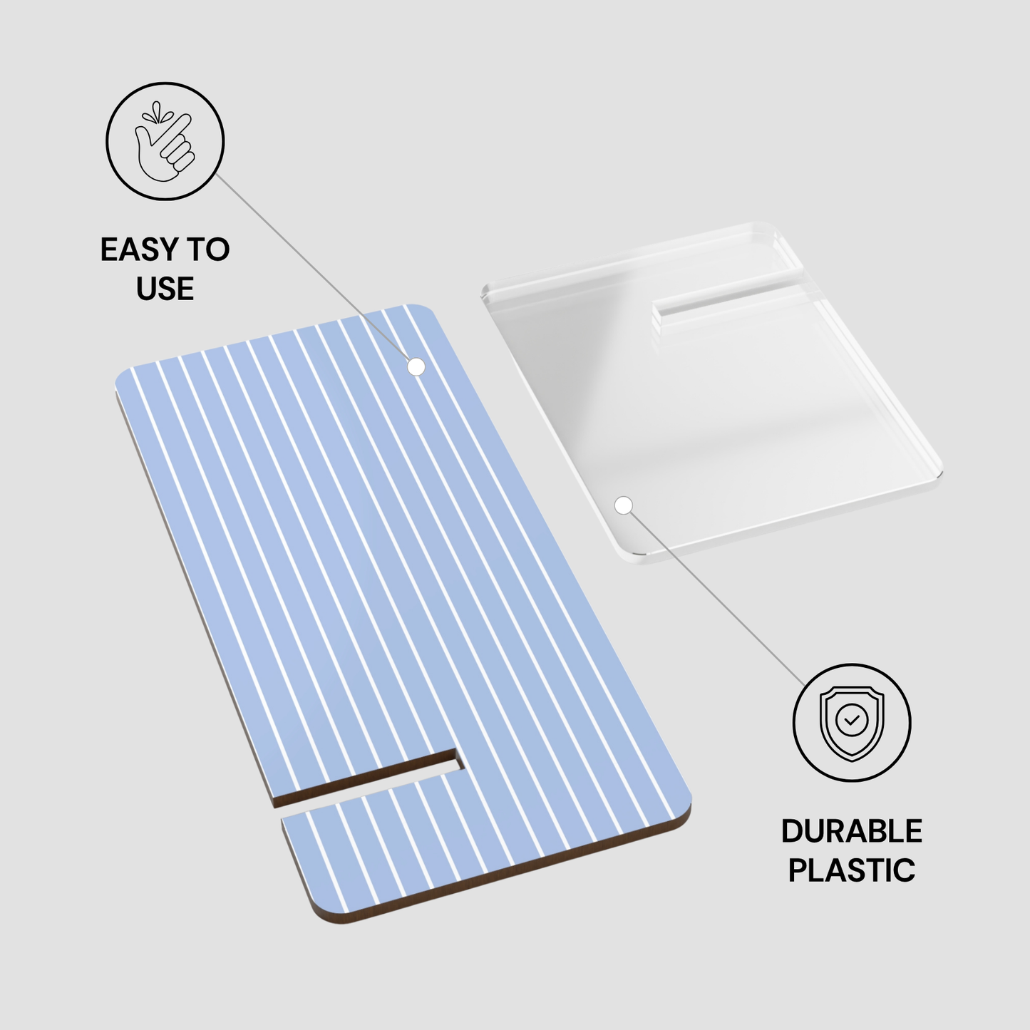 Blue plastic card with text 'Easy to use' and 'Durable plastic' on a gray background