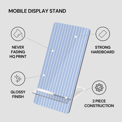 Mobile display stand with features listed on a gray background