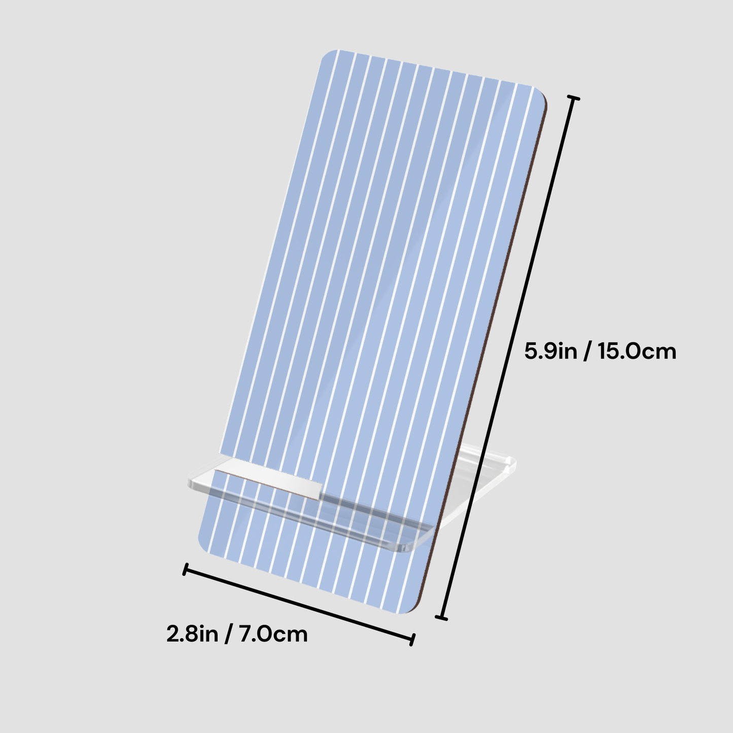 Blue phone case with dimensions on a gray background