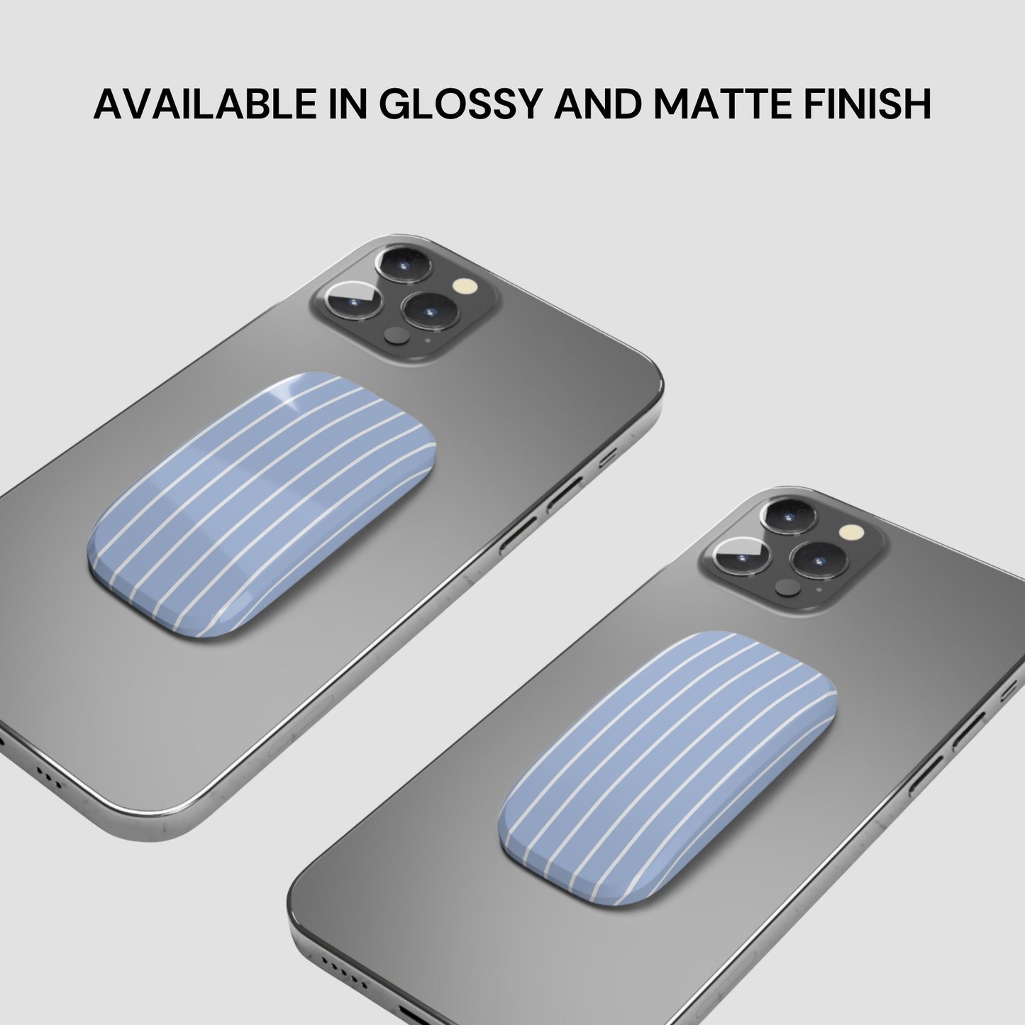 Two phone cases with blue accents on a gray background, text indicating finish options.
