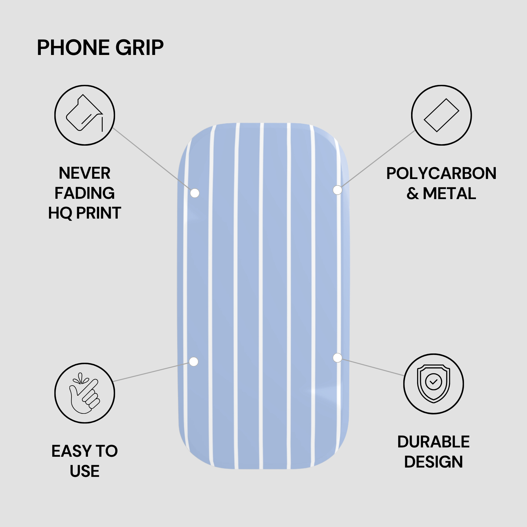 Phone grip with features listed on a gray background