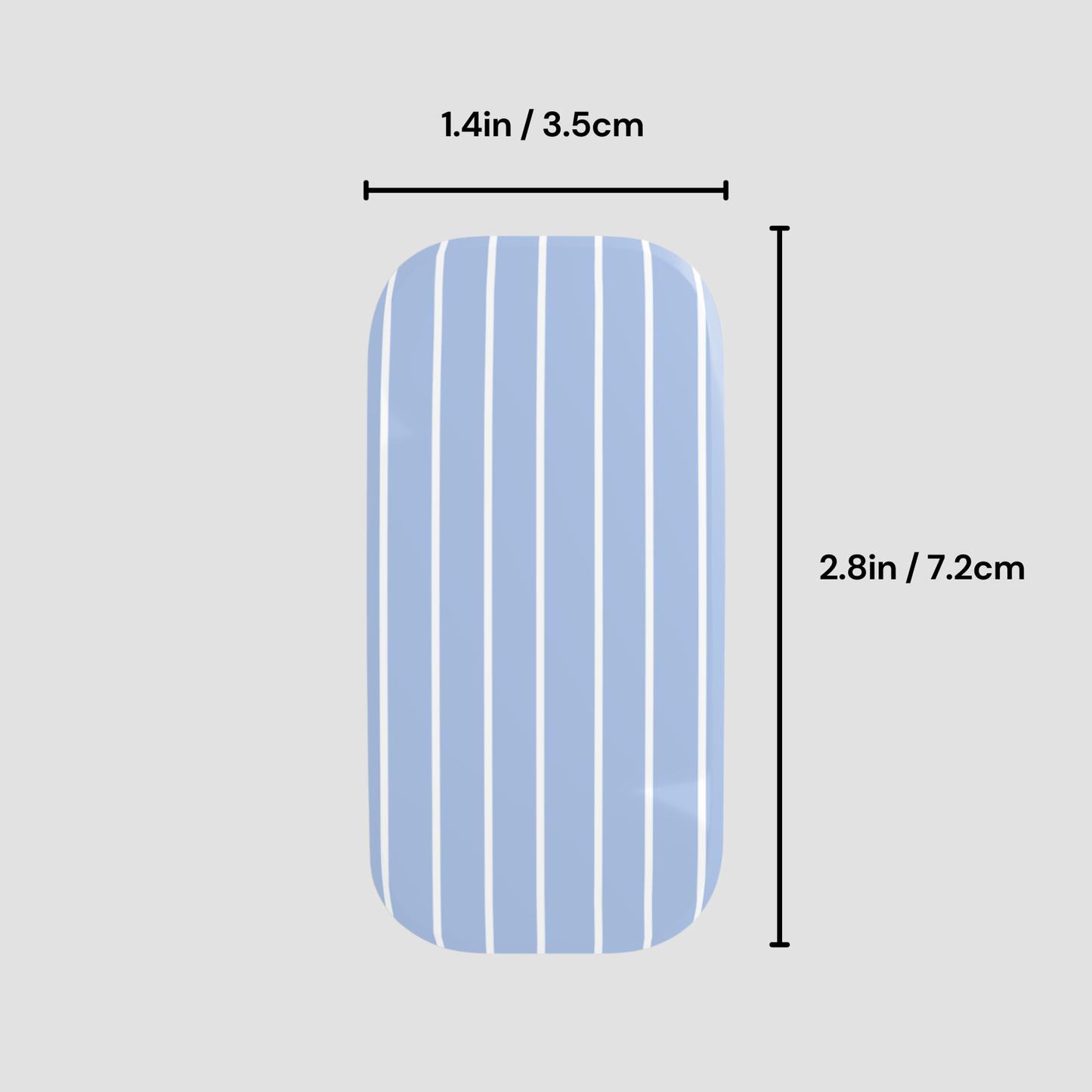 Rectangular blue and white striped object with measurements on a gray background