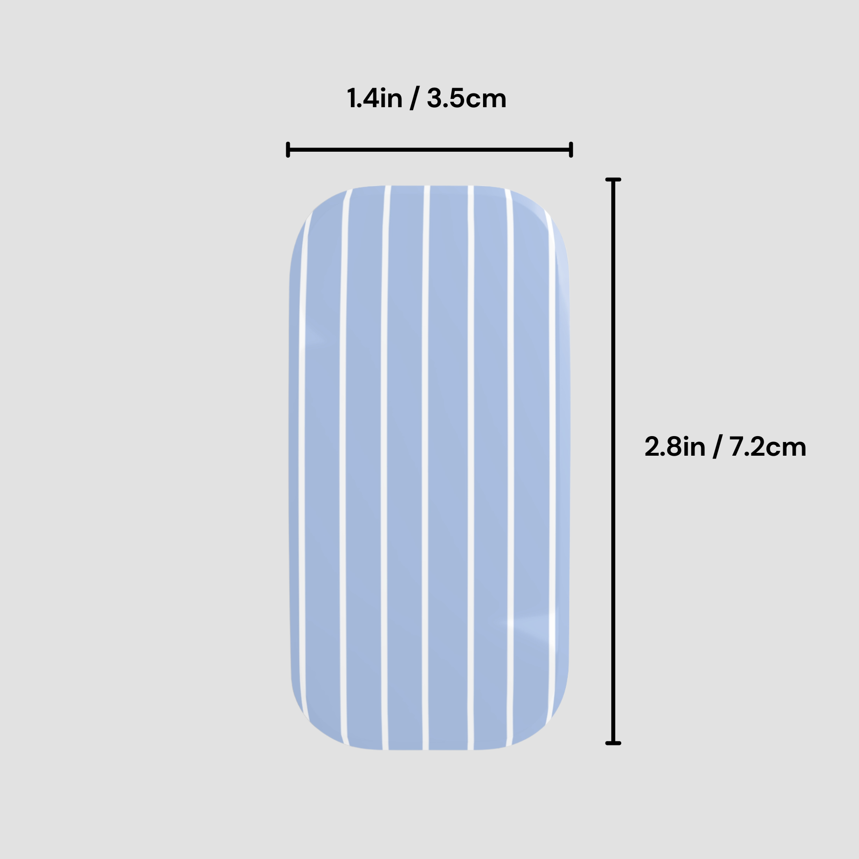 Rectangular blue and white striped object with measurements on a gray background