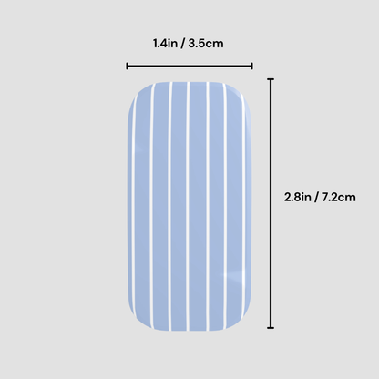 Rectangular blue and white striped object with measurements on a gray background