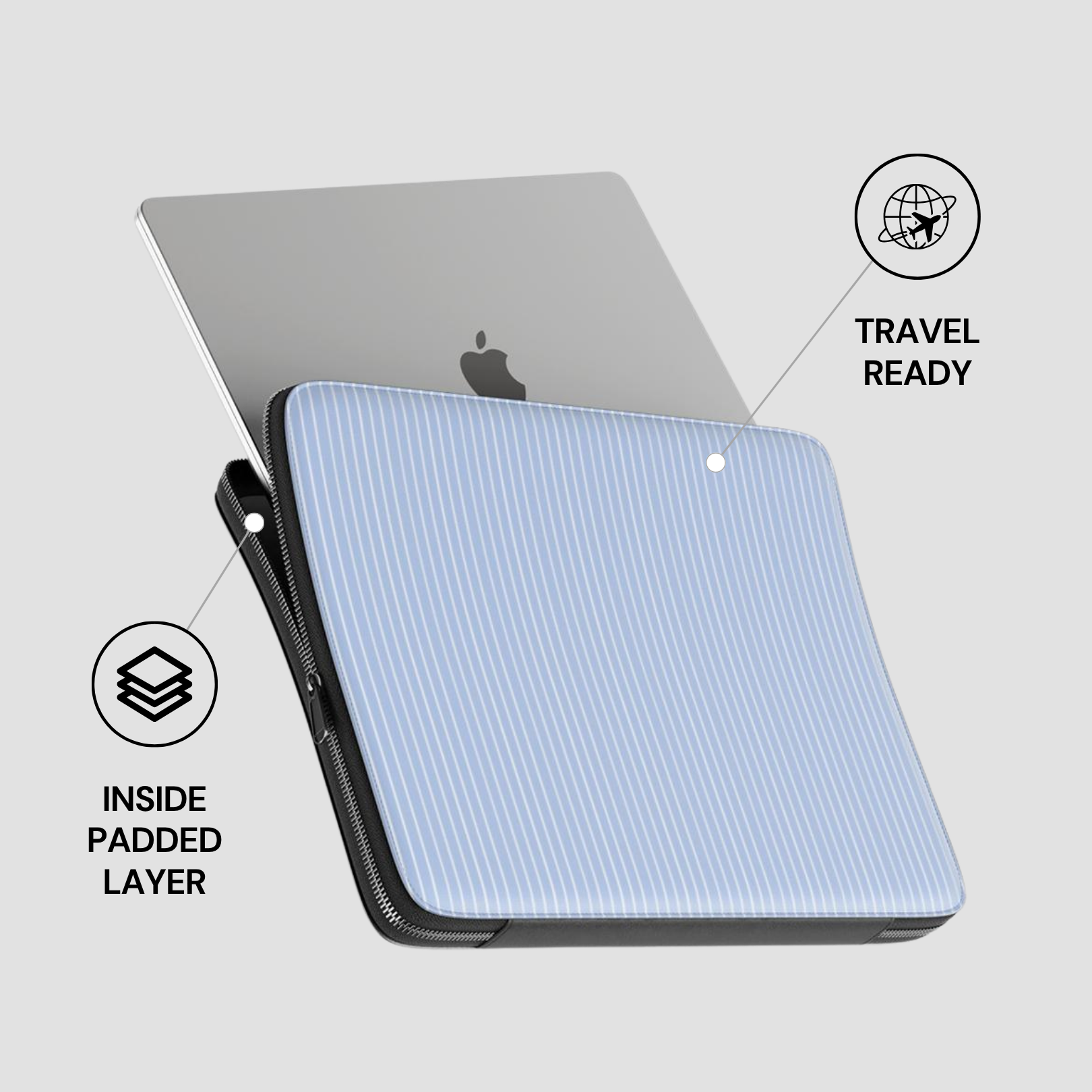 Light blue laptop case with text indicating features on a gray background