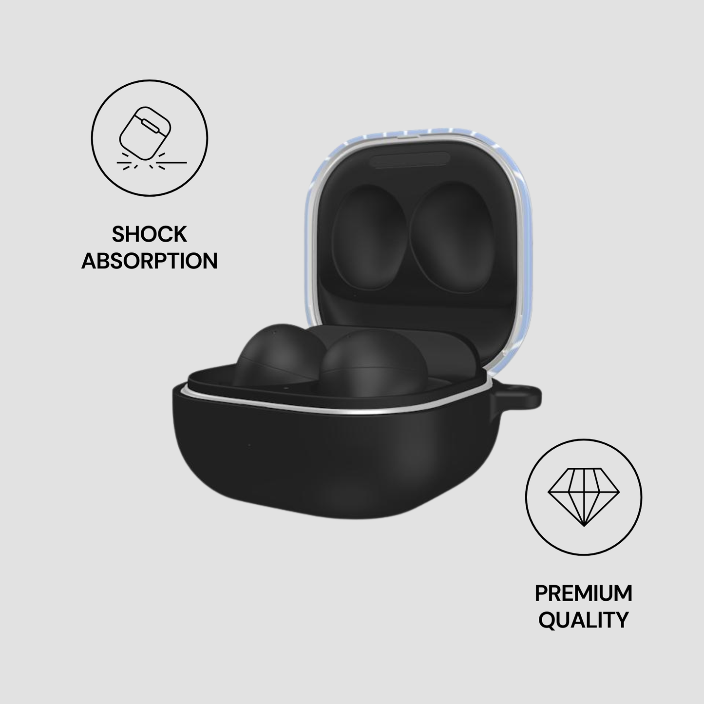Black earbuds in a case with 'Shock Absorption' and 'Premium Quality' icons on a light gray background