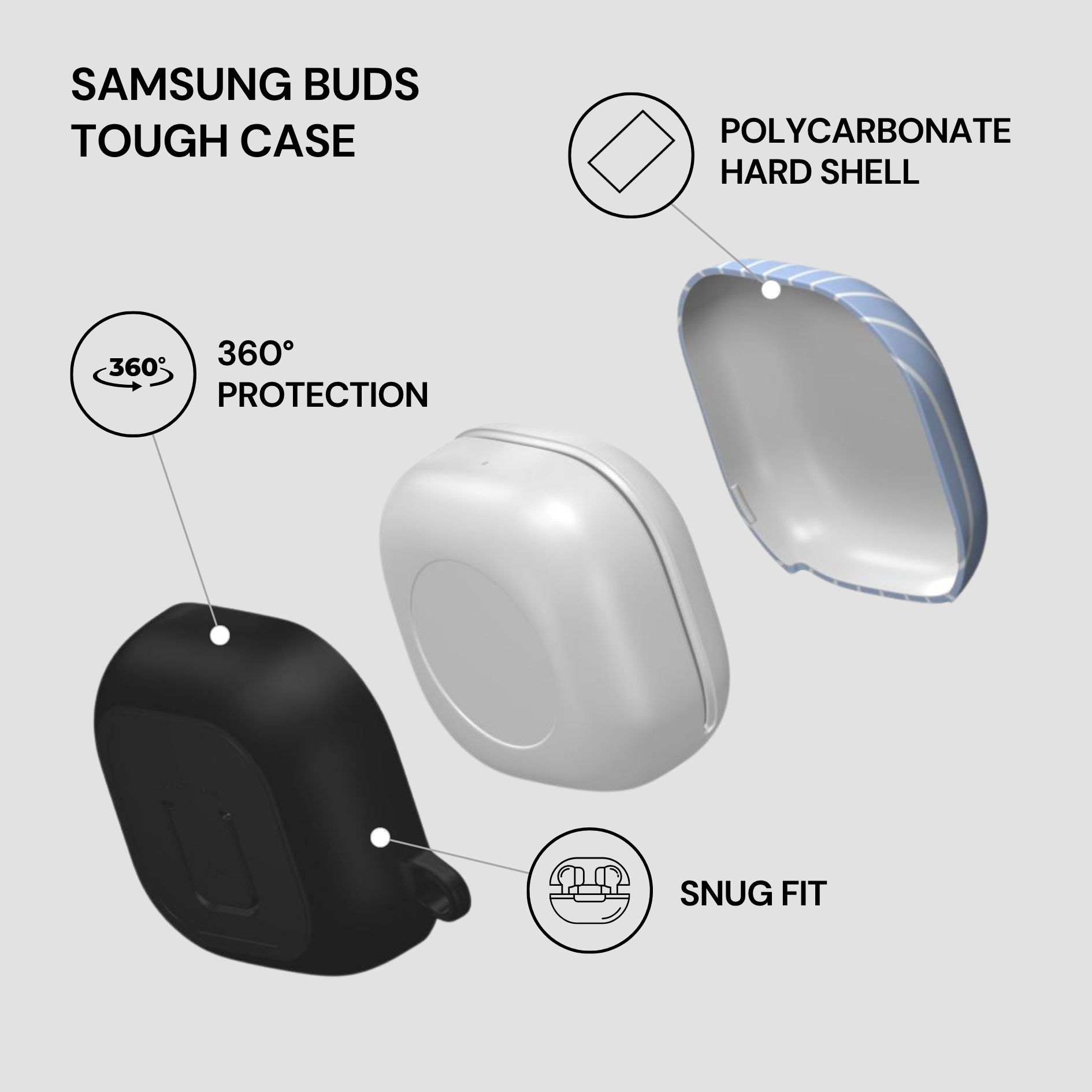 Samsung Buds Tough Case with features highlighted on a light gray background