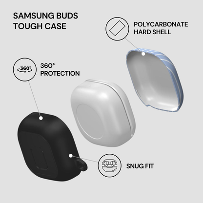Samsung Buds Tough Case with features highlighted on a light gray background
