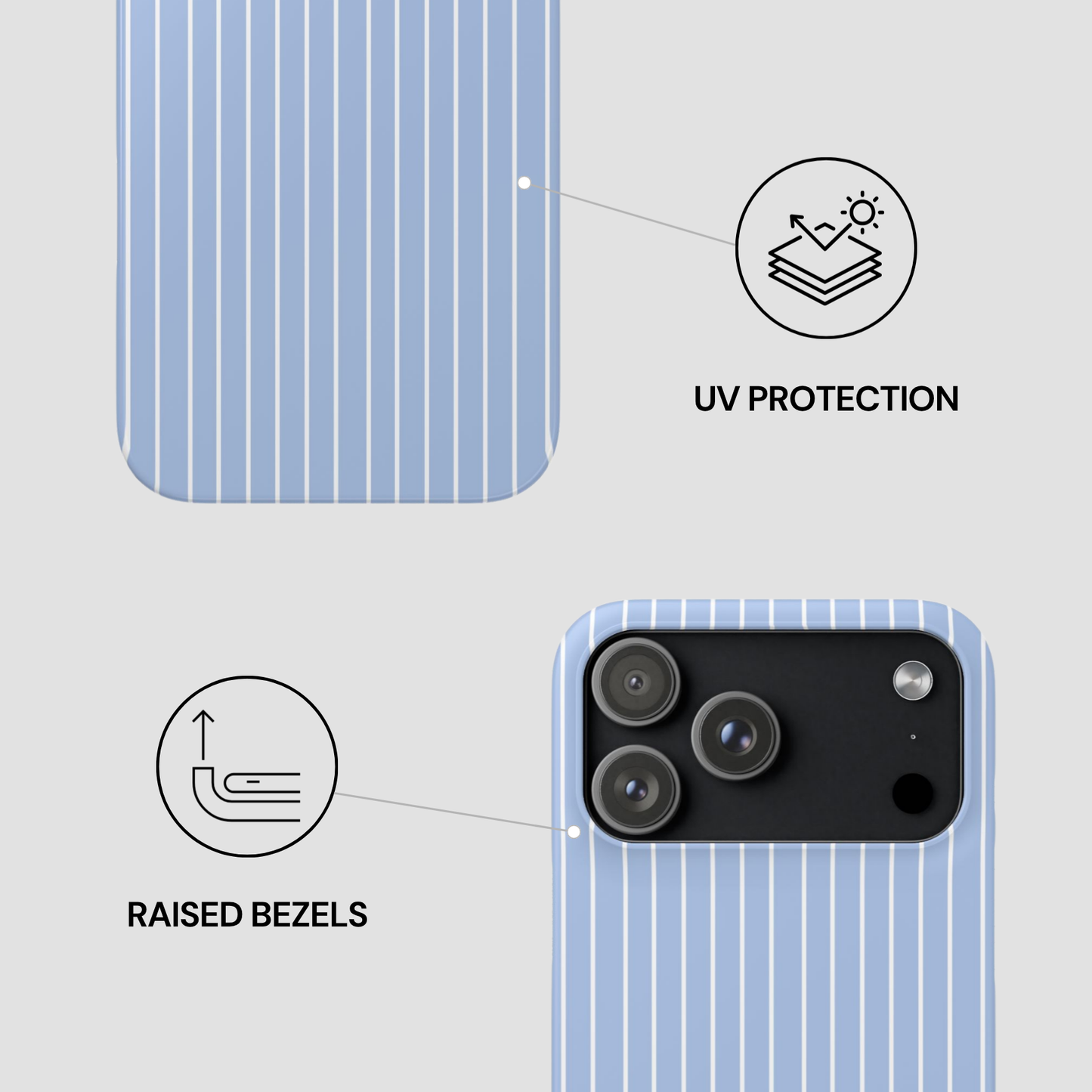 Phone case with UV protection and raised bezels features on a light gray background