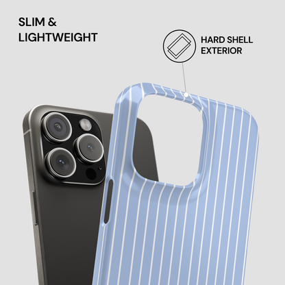 Phone case with text 'Slim & Lightweight' and 'Hard Shell Exterior' on a light gray background