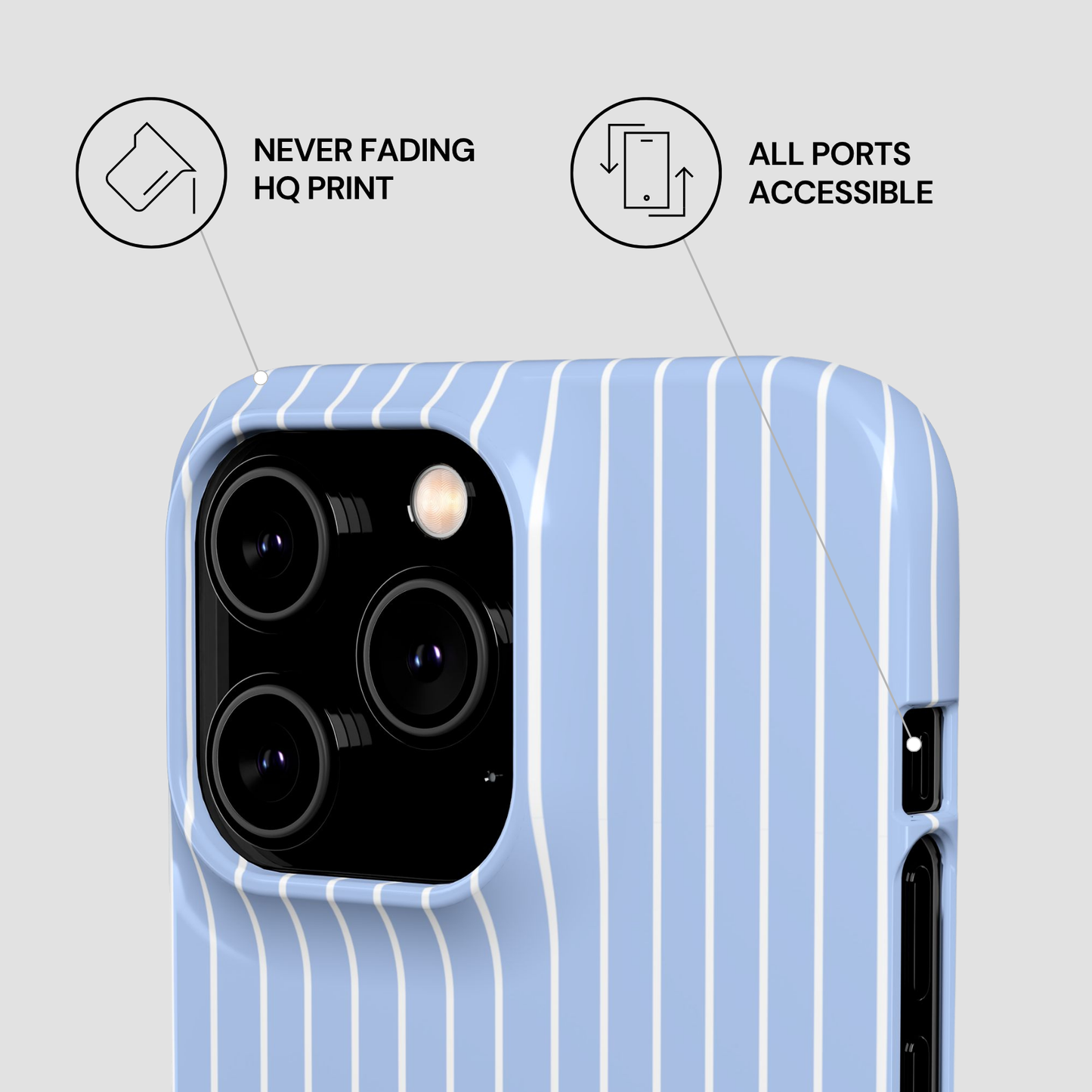 Phone case with blue and white striped design on a light gray background