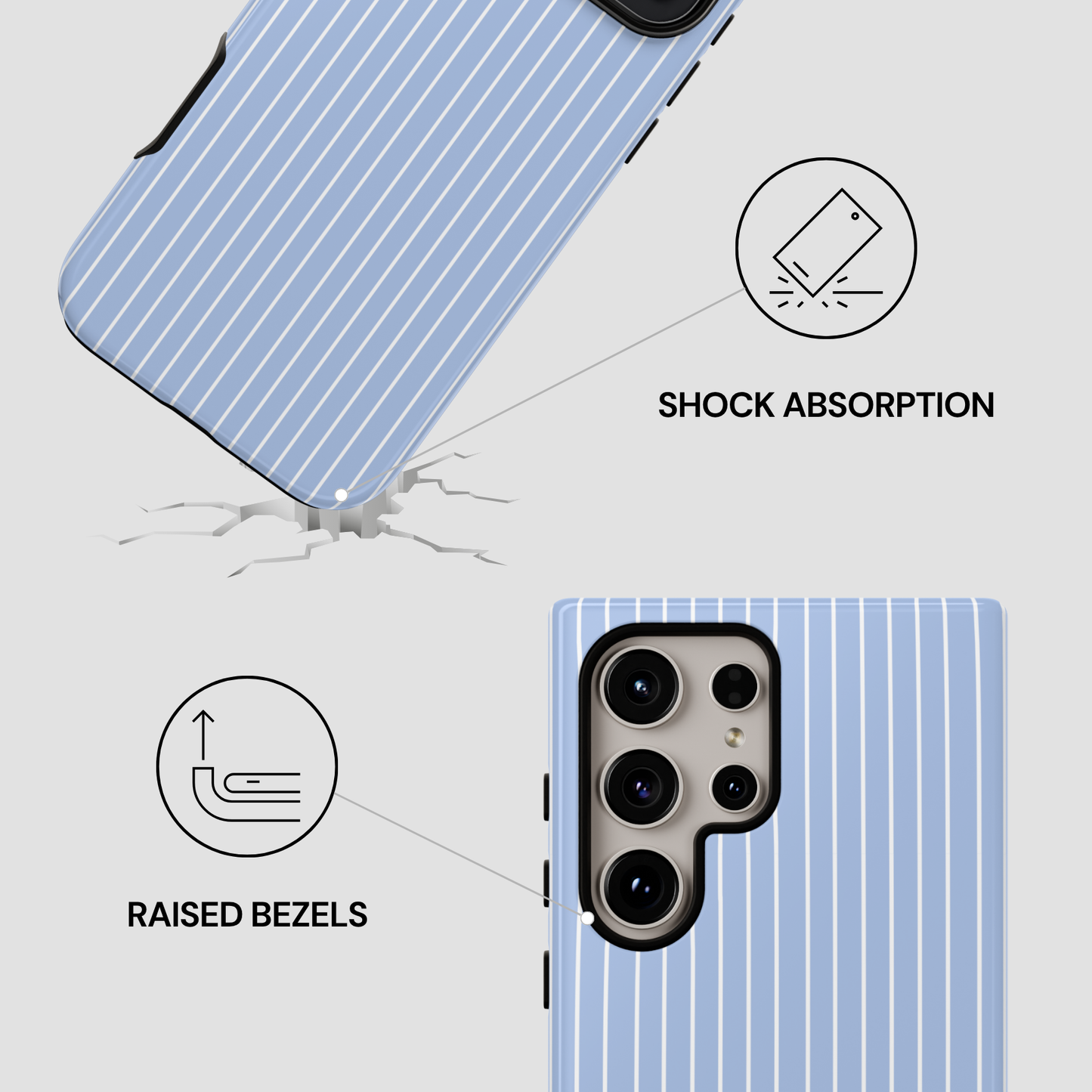 Phone case with shock absorption and raised bezels features on a light gray background