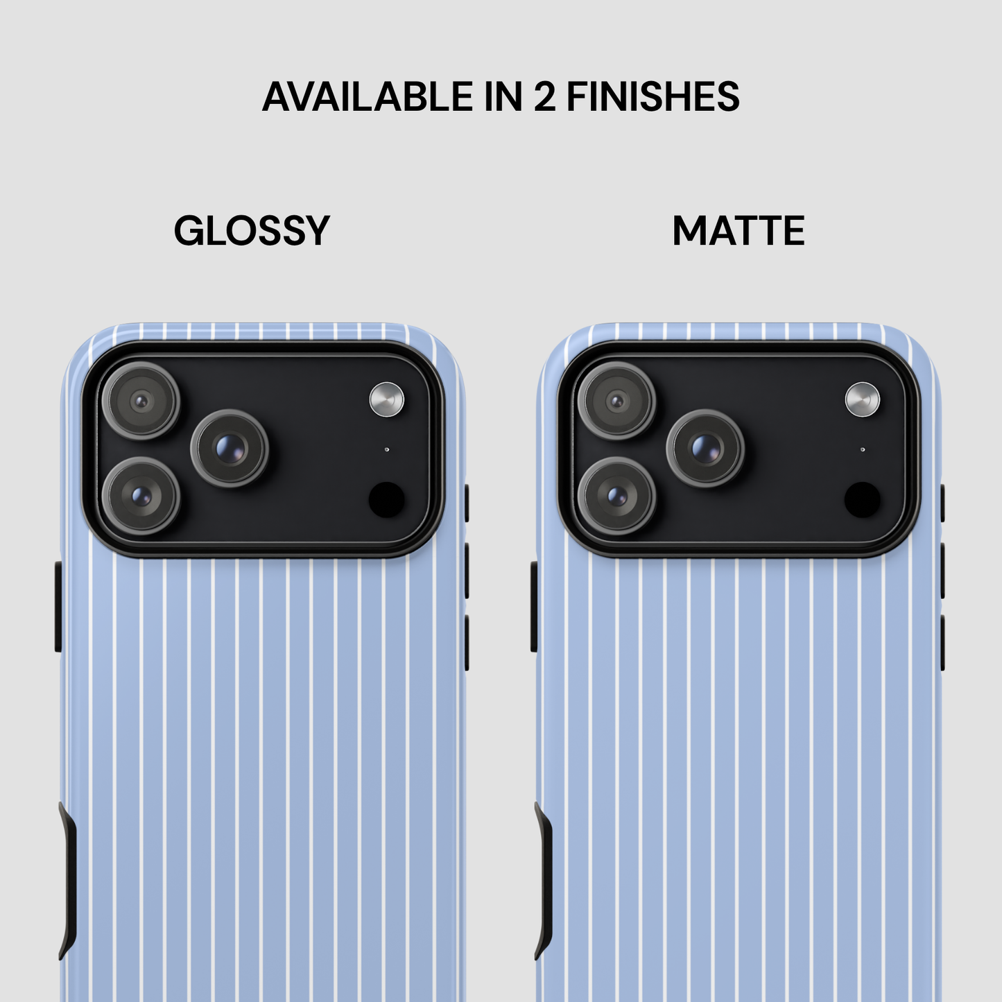 Two phone cases, one glossy and one matte, on a light gray background with text indicating finishes.