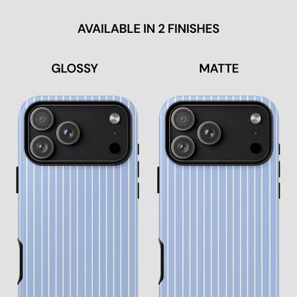 Two phone cases, one glossy and one matte, on a light gray background with text indicating finishes.