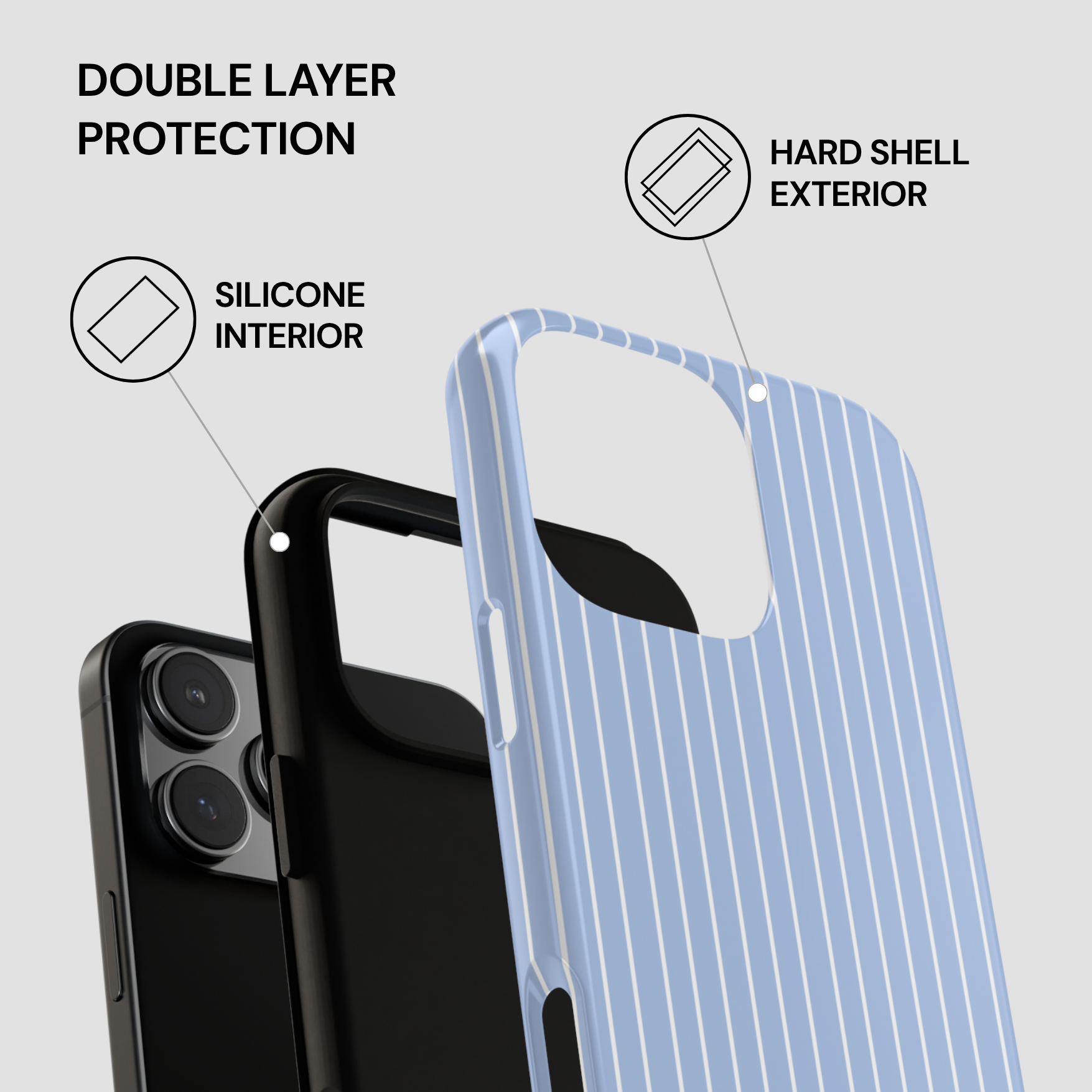Phone case with double layer protection features on a gray background