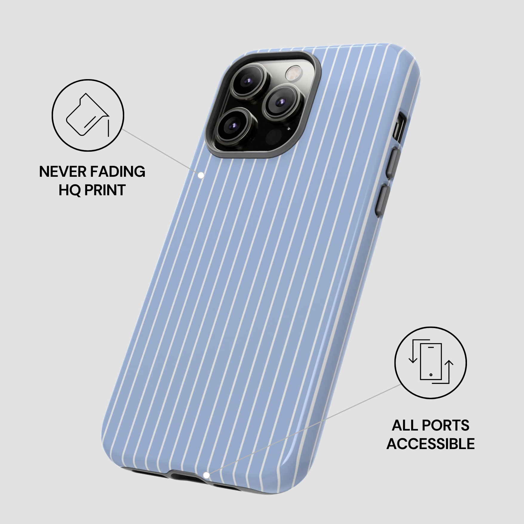 Blue striped phone case with text indicating 'Never Fading HQ Print' and 'All Ports Accessible' on a light gray background.