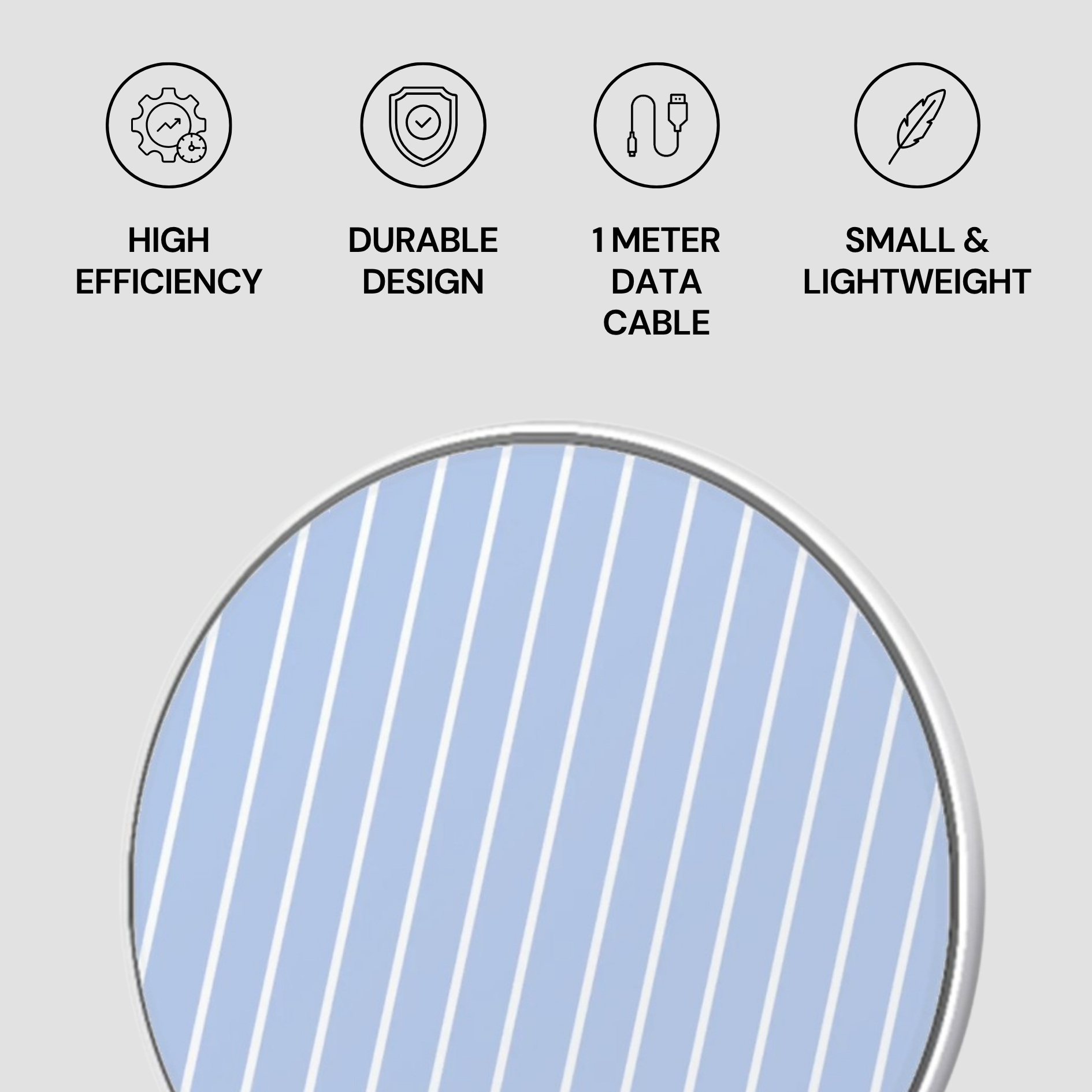 Product features with icons and text on a gray background