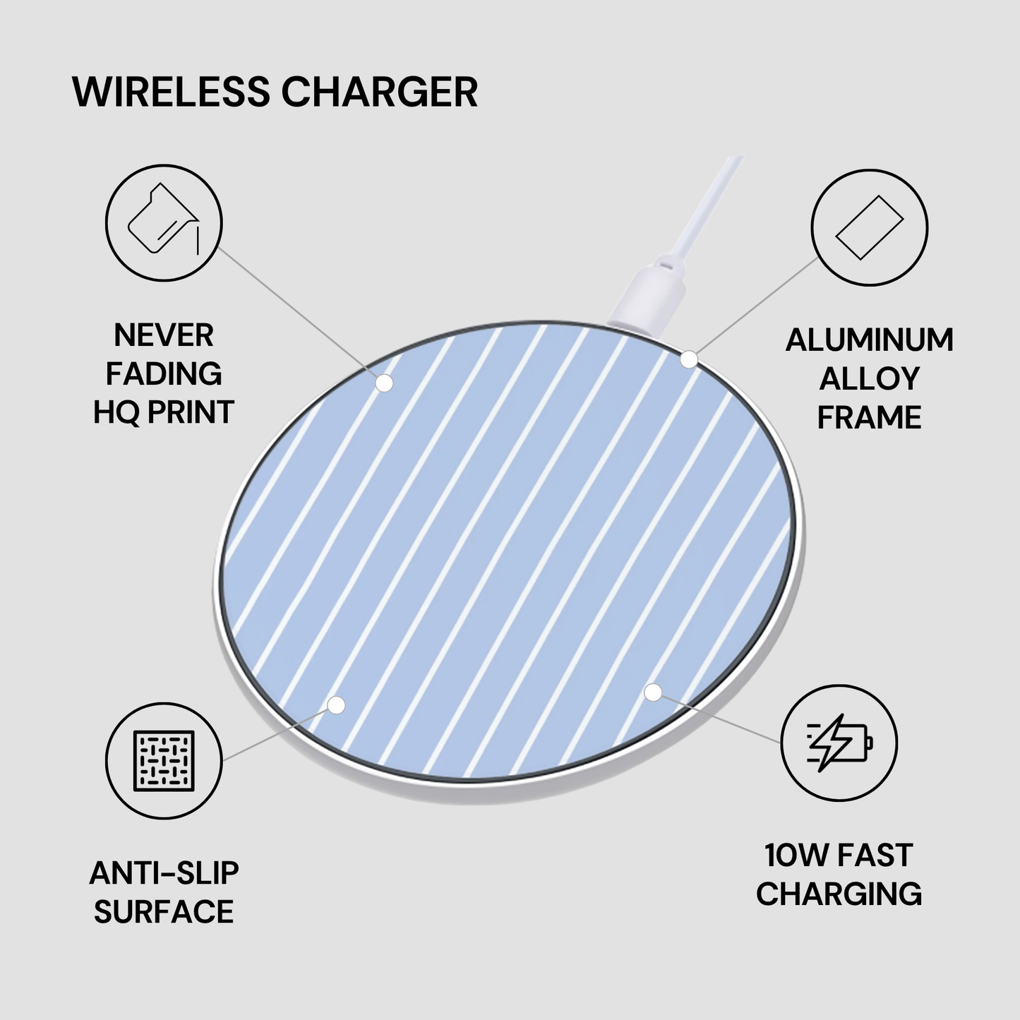 Wireless charger with features listed on a light gray background