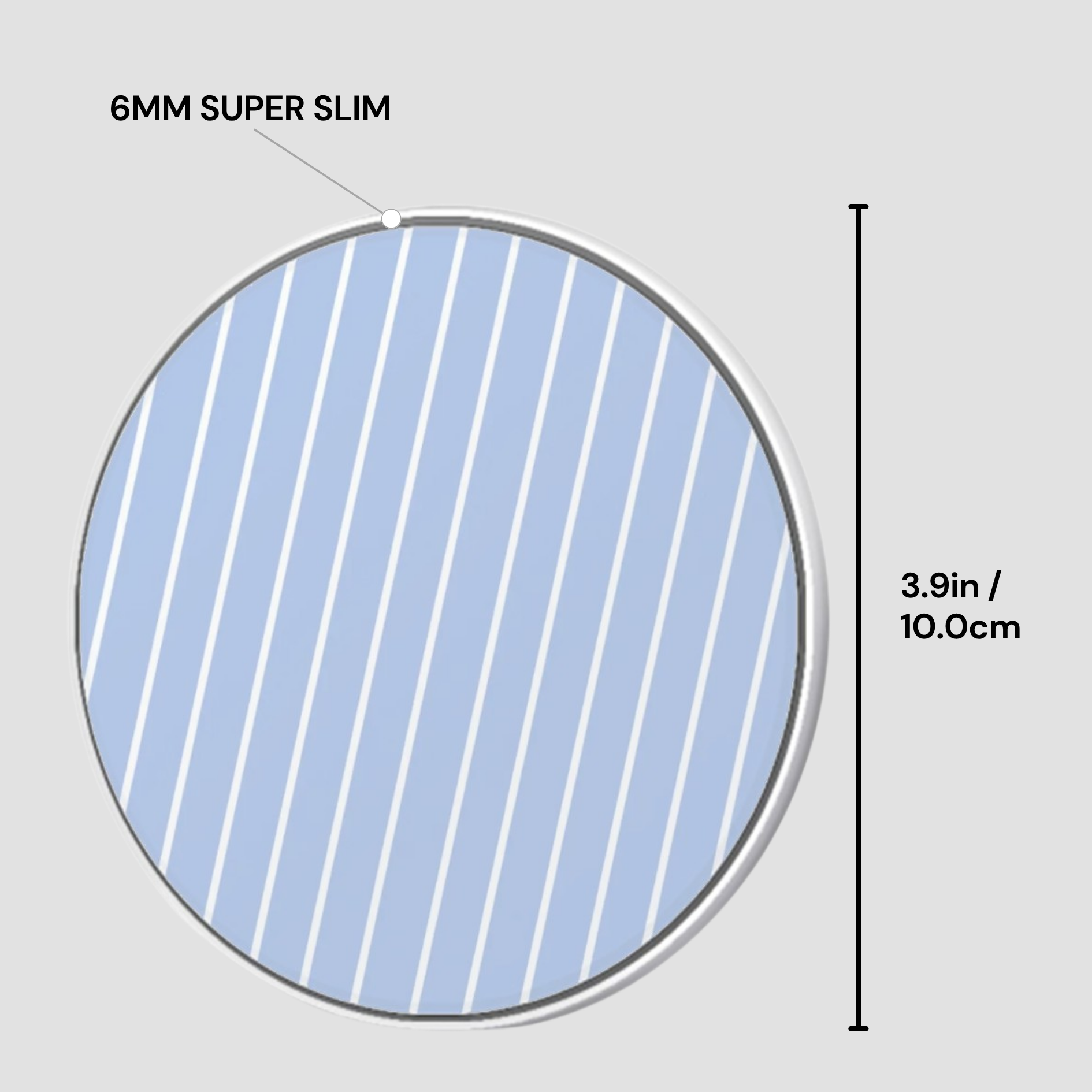 6mm super slim circular object with blue striped pattern on a gray background