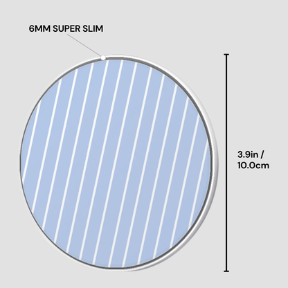 6mm super slim circular object with blue striped pattern on a gray background