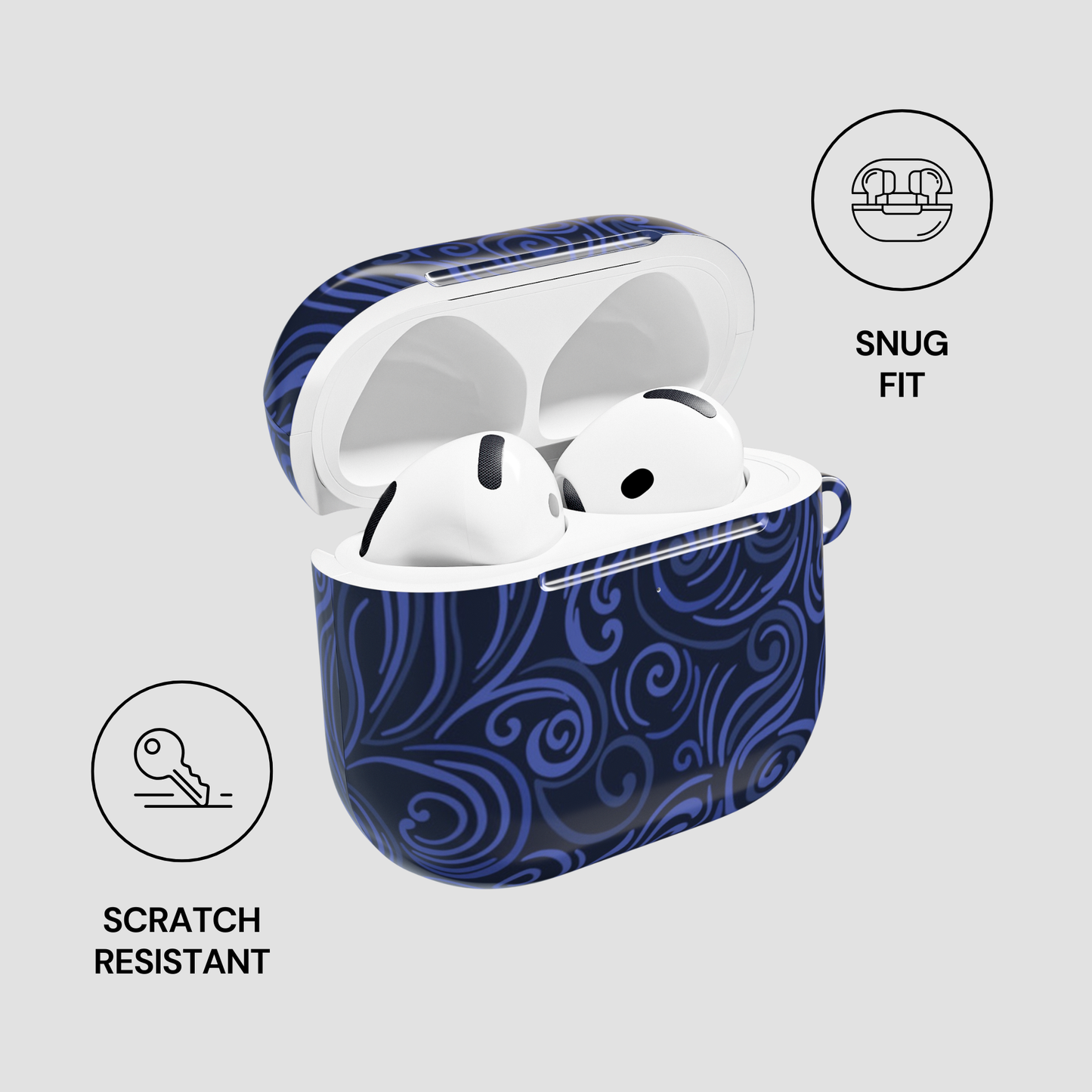 Blue patterned case for wireless earbuds with icons indicating snug fit, scratch resistance on a light gray background