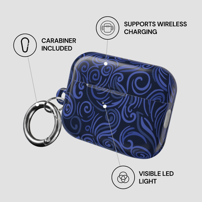Blue patterned case with carabiner, wireless charging support, and visible LED light on a gray background