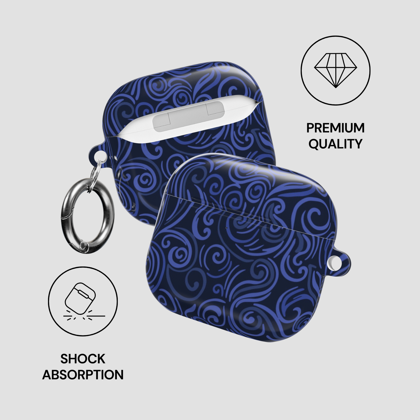 Blue patterned airpod case with keychain on a light gray background