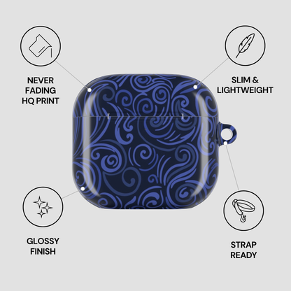 Blue patterned case with features listed on a white background