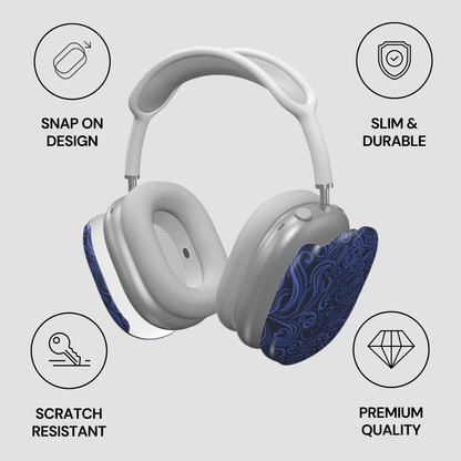 Gray headphones with colorful design on ear cups, featuring icons and text describing features.