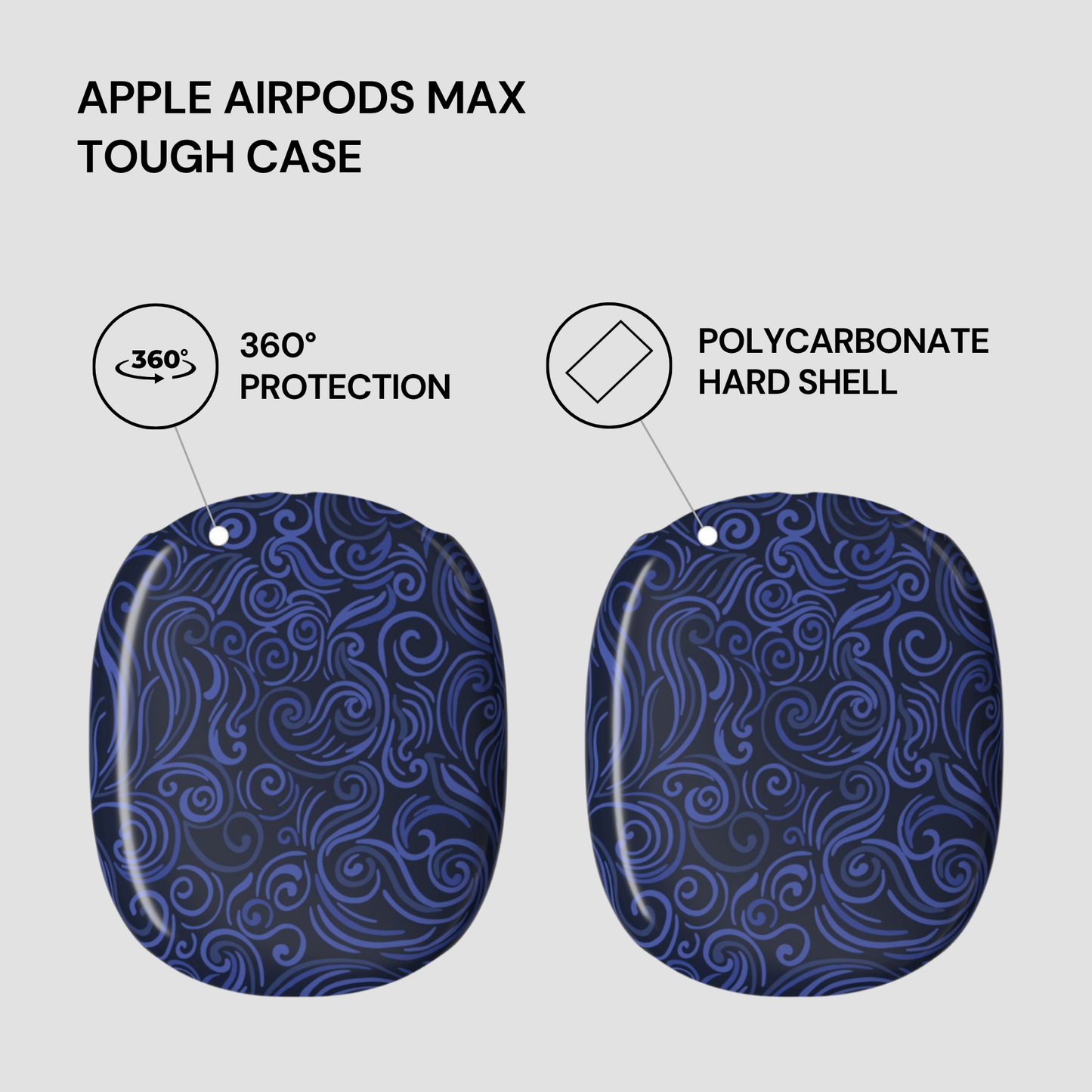 Blue patterned tough case for Apple AirPods Max with text highlighting features on a gray background