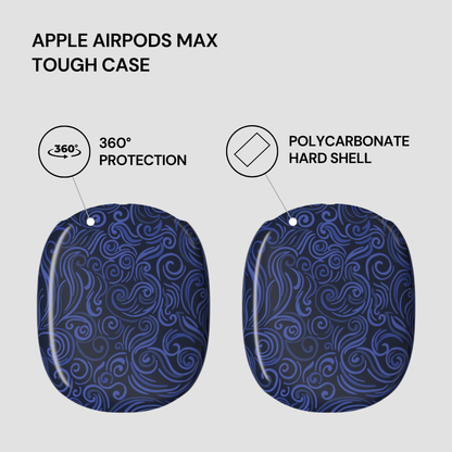 Blue patterned tough case for Apple AirPods Max with text highlighting features on a gray background