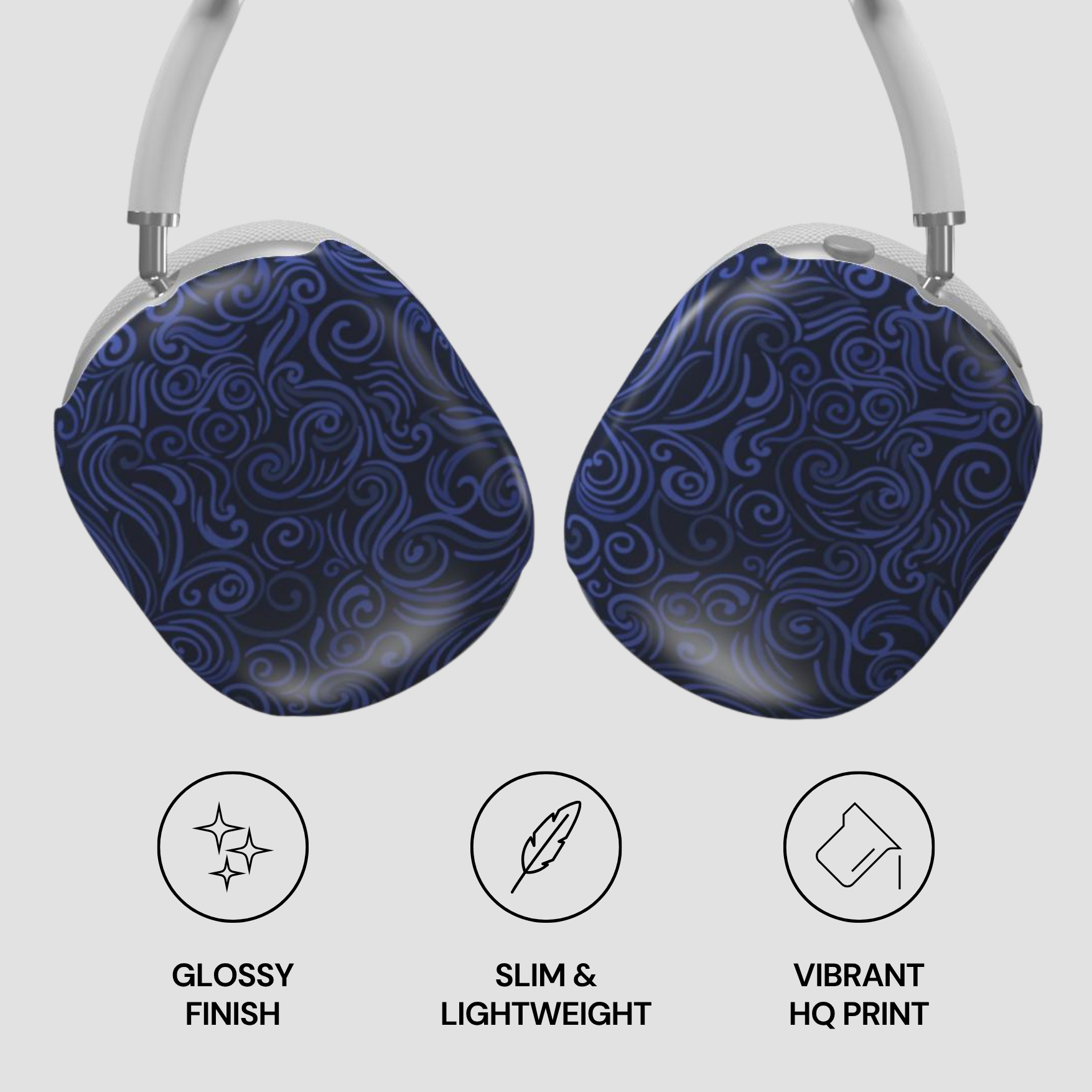 Pair of blue patterned headphones with features listed below on a white background