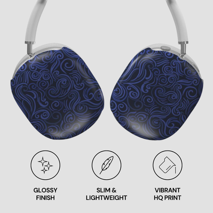 Pair of blue patterned headphones with features listed below on a white background