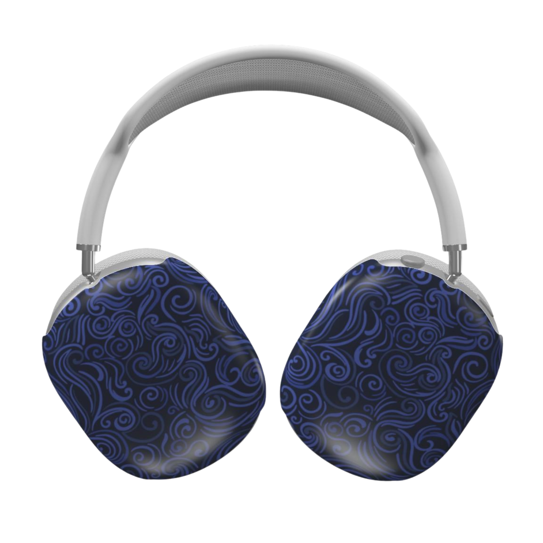 Headphones with blue patterned ear cups on a white background