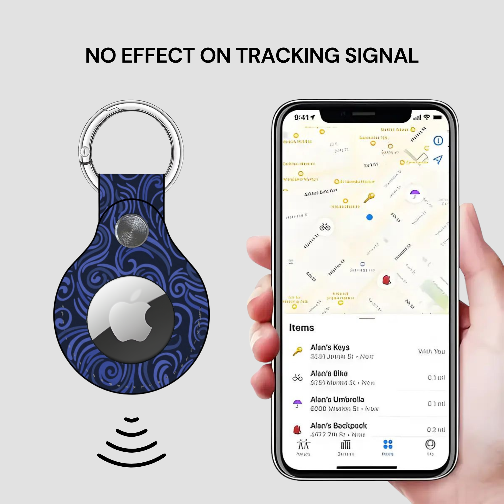 Smart keychain with tracking app on smartphone displaying location information