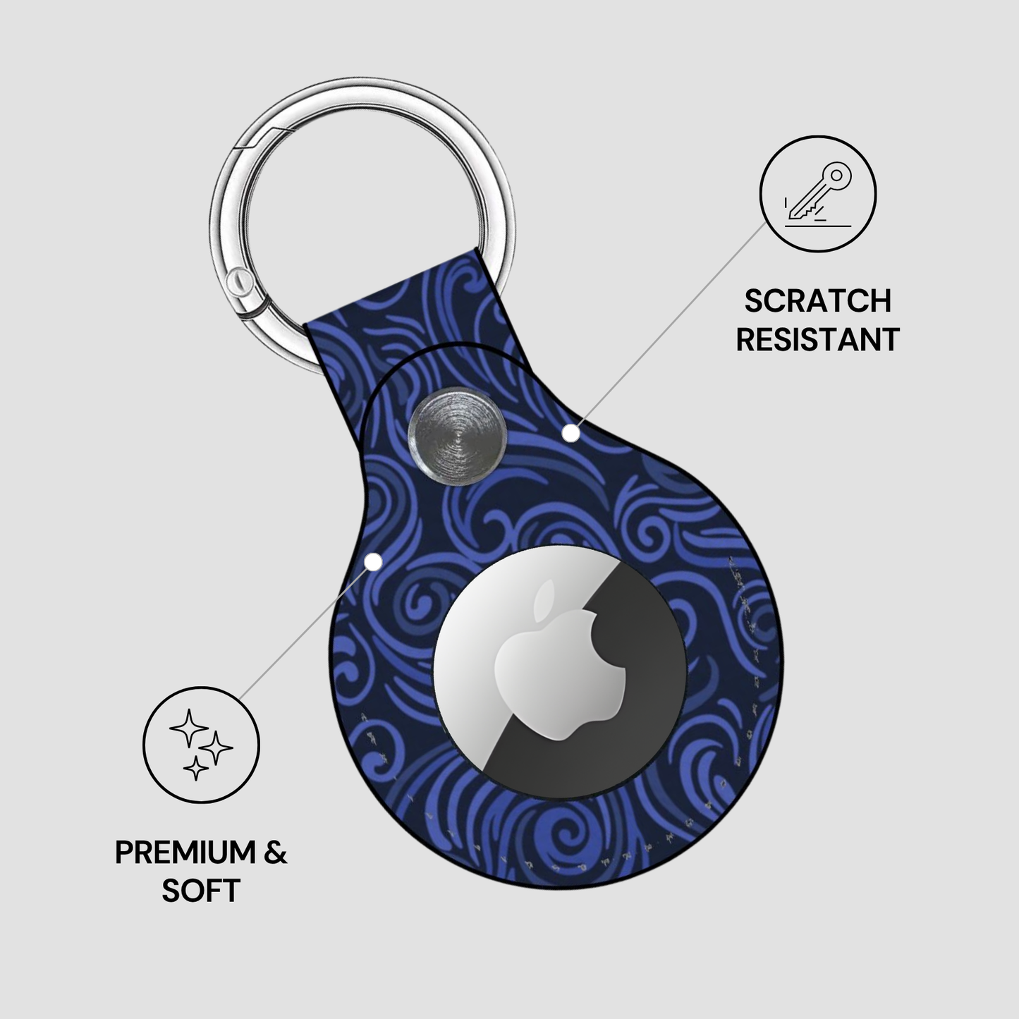 Blue patterned keychain with Apple logo on a gray background