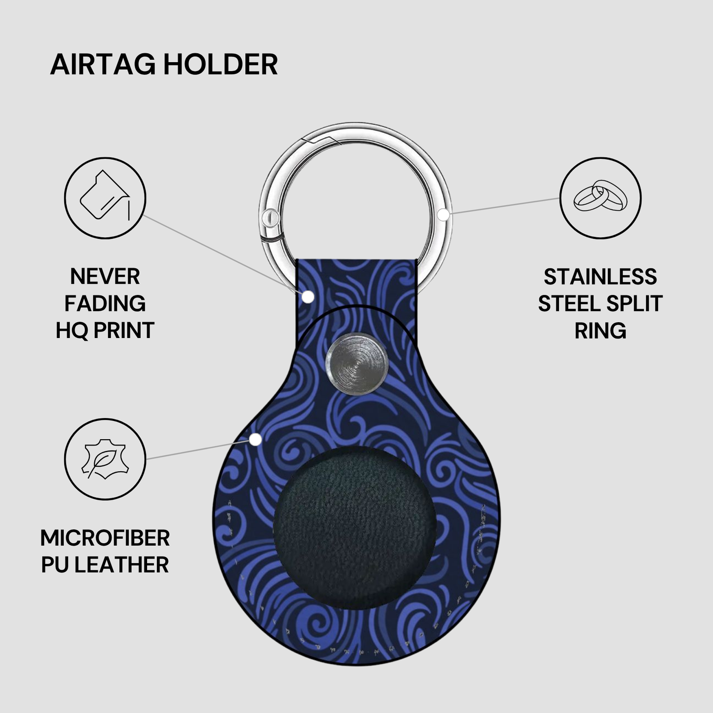 Airtag holder with blue pattern on a gray background