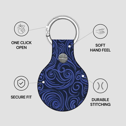 Blue patterned keychain with features listed on a gray background