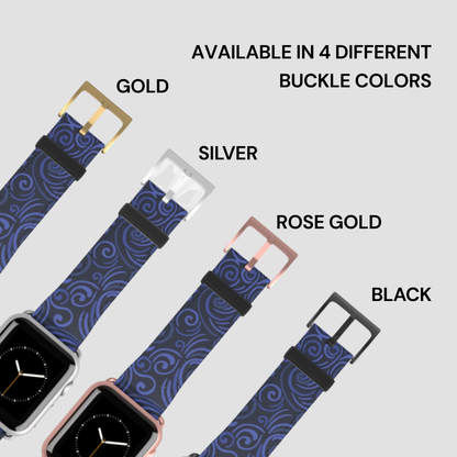 Blue patterned watch strap with gold, silver, rose gold, and black buckles on a white background.