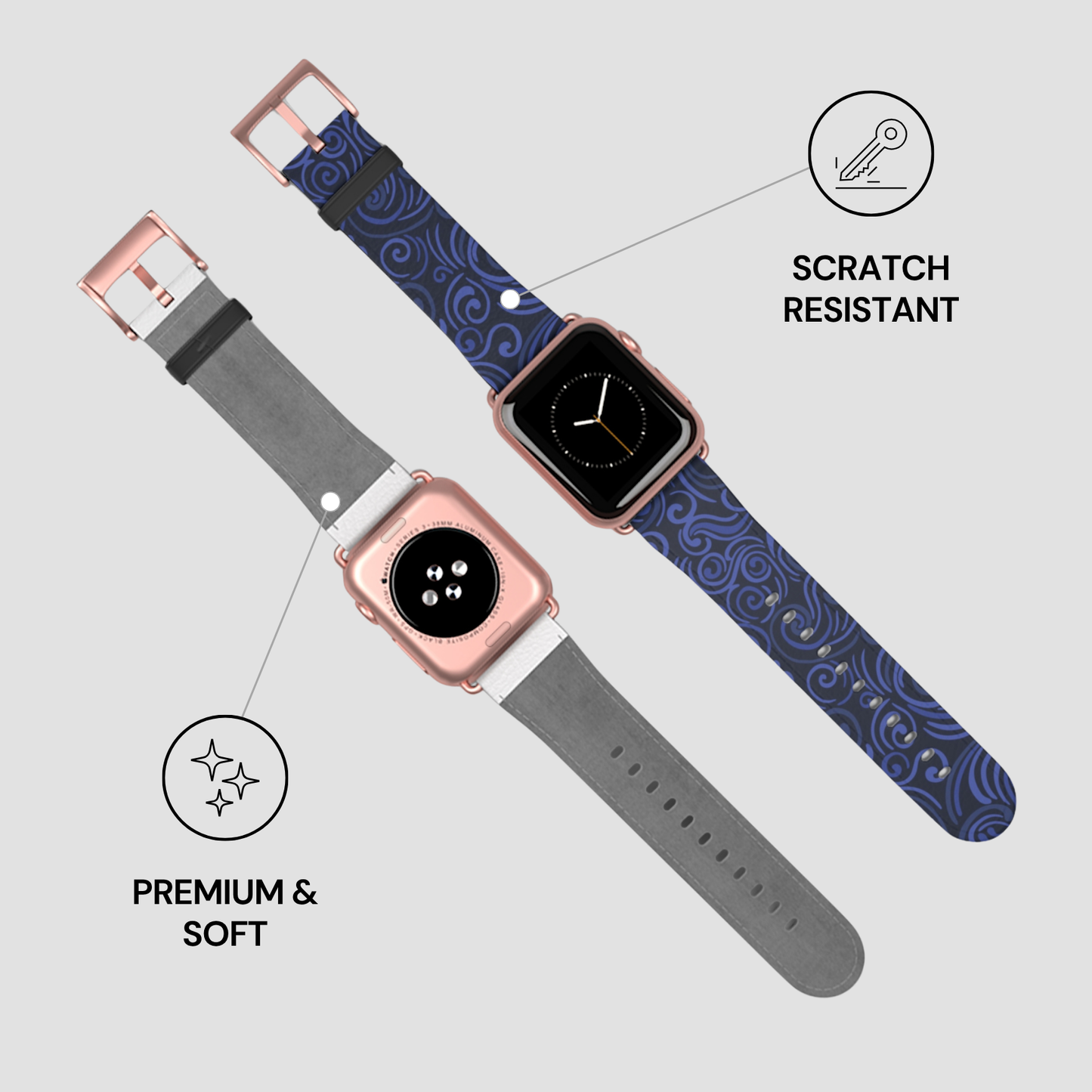 Two smartwatch bands, one blue patterned and one gray, on a light gray background with text indicating features.