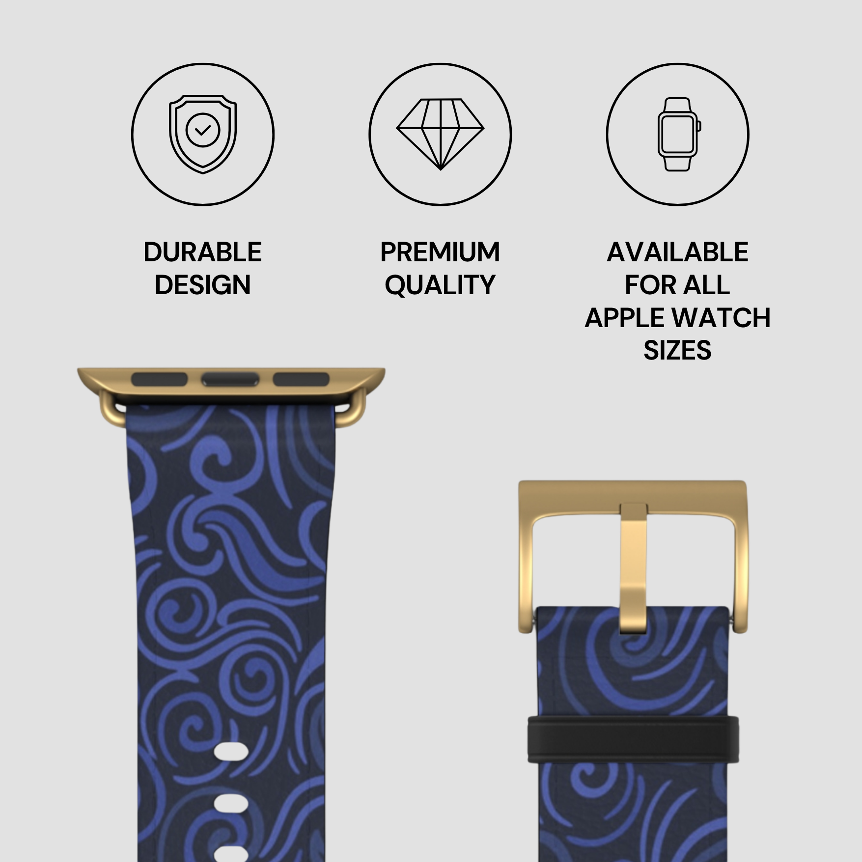 Blue patterned watch strap with gold buckle on a light gray background, featuring durability, quality, and size availability text.