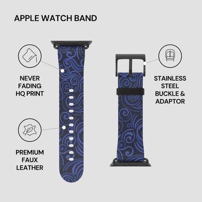 Blue patterned Apple Watch band with features listed on a gray background