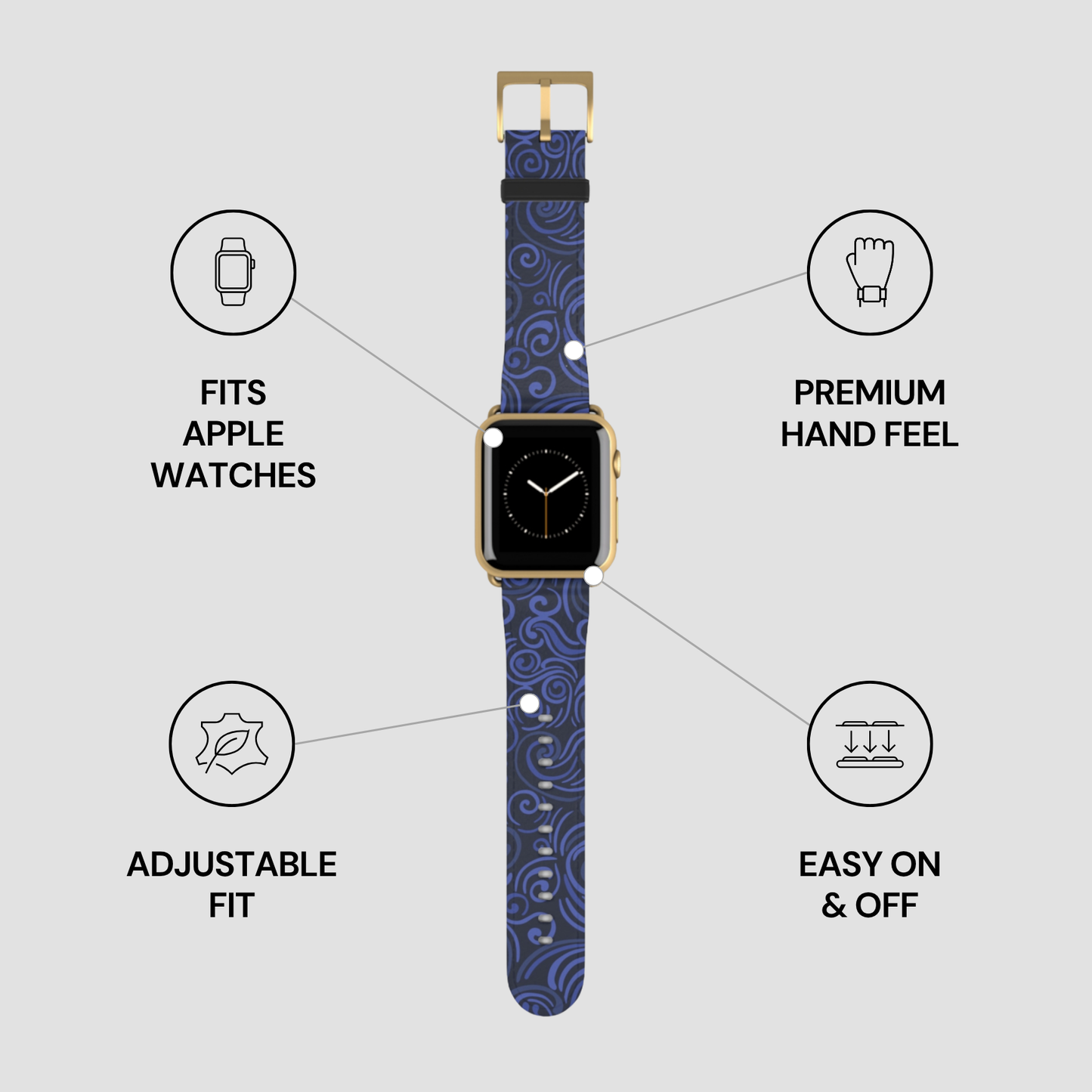 Blue patterned watch strap with Apple Watch compatibility features on a gray background