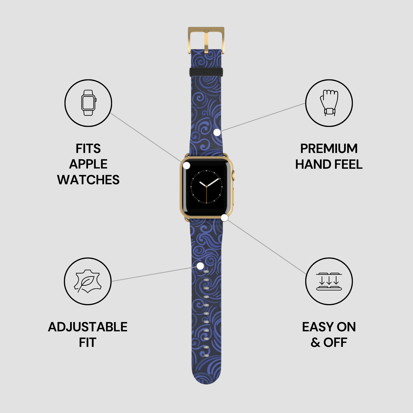 Blue patterned watch strap with Apple Watch compatibility features on a gray background