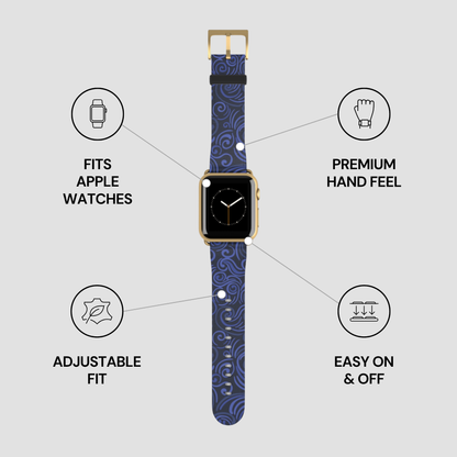 Blue patterned watch strap with Apple Watch compatibility features on a gray background